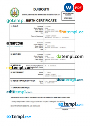 Djibouti birth certificate Word and PDF template, completely editable