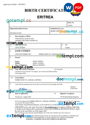 Eritrea vital record birth certificate Word and PDF template, completely editable