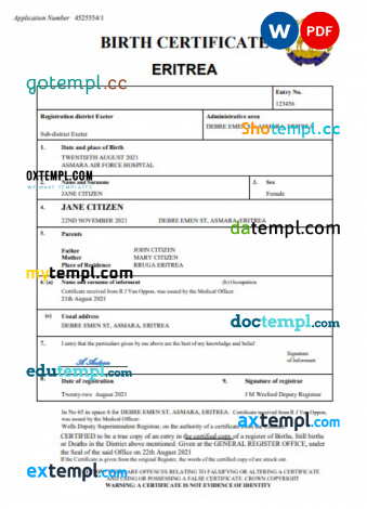 Eritrea vital record birth certificate Word and PDF template, completely editable