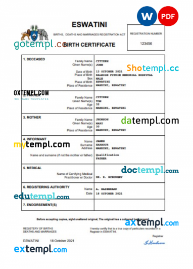 Eswatini birth certificate Word and PDF template, completely editable