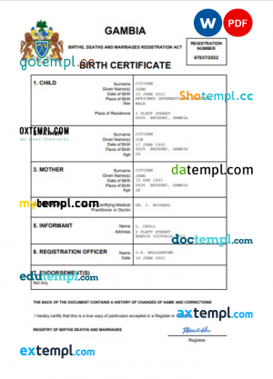 Gambia birth certificate Word and PDF template, completely editable