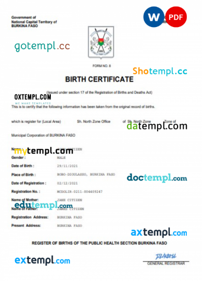 Burkina Faso birth certificate Word and PDF template, completely editable