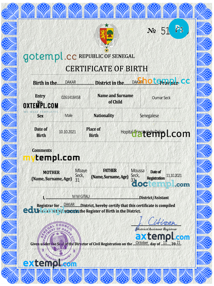 Senegal birth certificate PSD template, completely editable