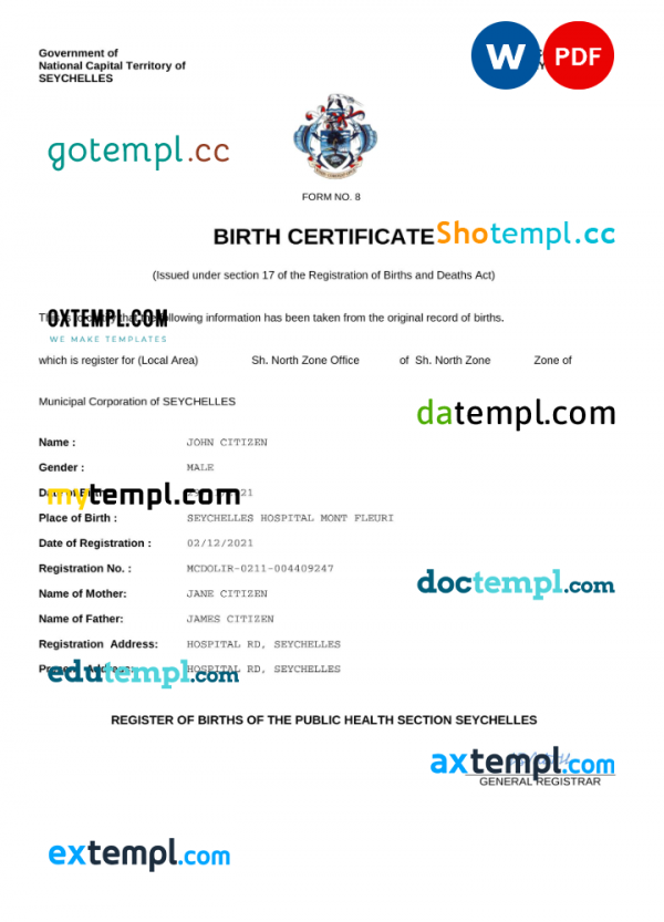 Seychelles vital record birth certificate Word and PDF template, completely editable