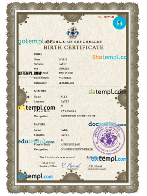 Seychelles vital record birth certificate PSD template