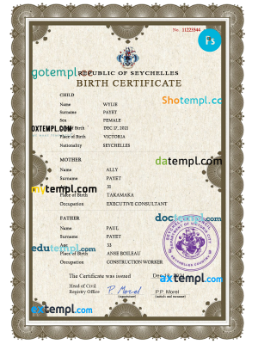 Seychelles vital record birth certificate PSD template