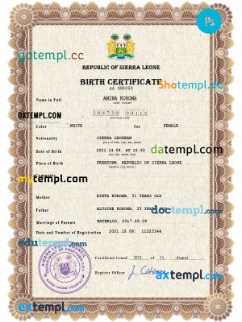 Sierra Leone vital record birth certificate PSD template, fully editable