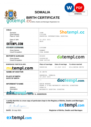 Somalia birth certificate Word and PDF template, completely editable