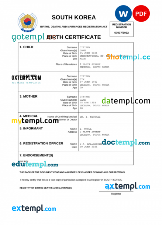 South Korea birth certificate Word and PDF template, completely editable