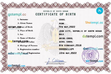 South Sudan birth certificate PSD template, completely editable