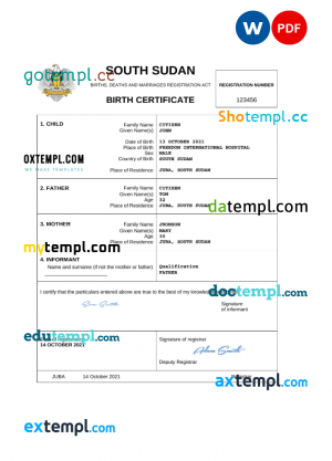 South Sudan vital record birth certificate Word and PDF template, completely editable