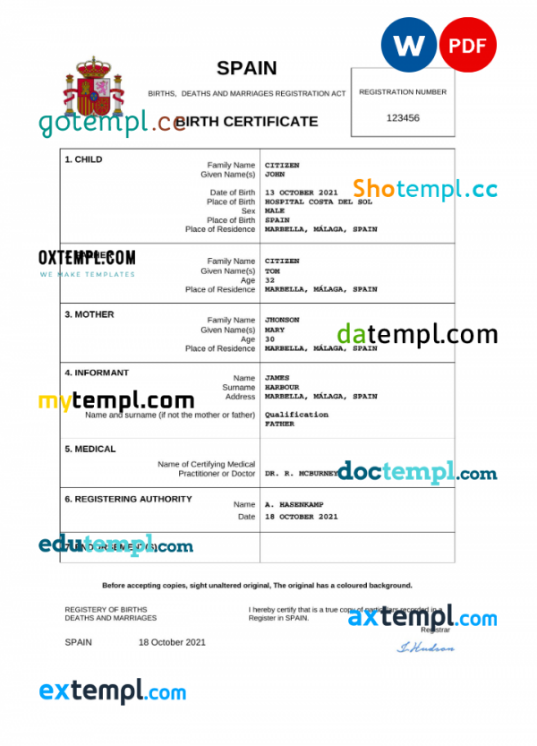 Spain birth certificate Word and PDF template, completely editable