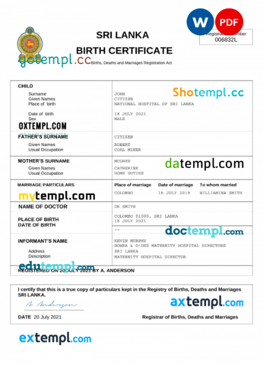 Sri Lanka vital record birth certificate Word and PDF template, completely editable