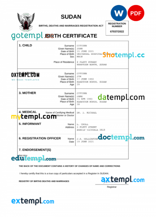 Sudan birth certificate Word and PDF template, completely editable