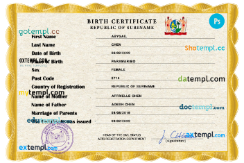 Suriname birth certificate PSD template, completely editable