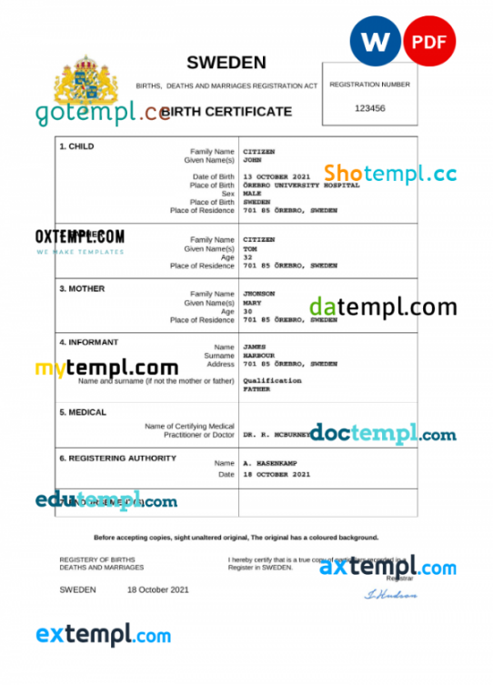 Sweden birth certificate Word and PDF template, completely editable