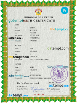 Sweden vital record birth certificate PSD template, fully editable