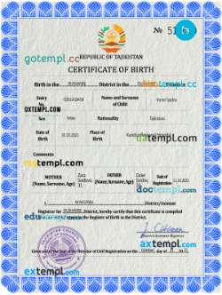 Tajikistan vital record birth certificate PSD template