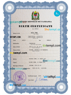 Tanzania birth certificate PSD template, completely editable