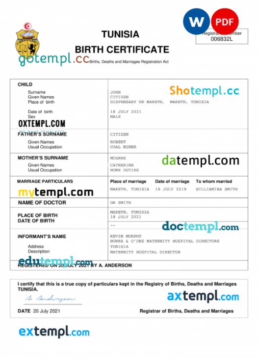 Tunisia vital record birth certificate Word and PDF template, completely editable