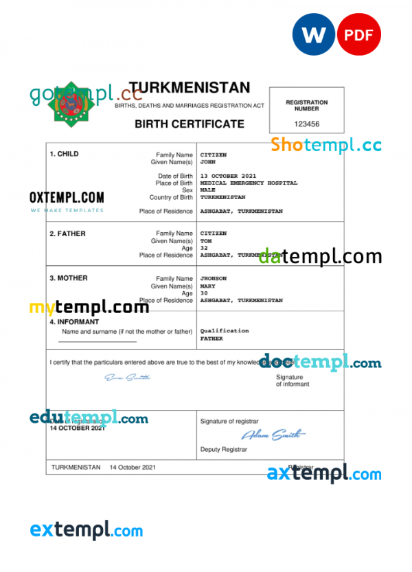 Turkmenistan vital record birth certificate Word and PDF template, completely editable