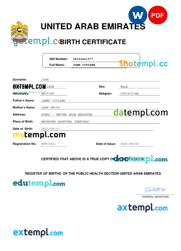 UAE vital record birth certificate Word and PDF template, completely editable