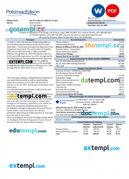 USA Maryland Potomac Edison utility bill, Word and PDF template, 2 pages