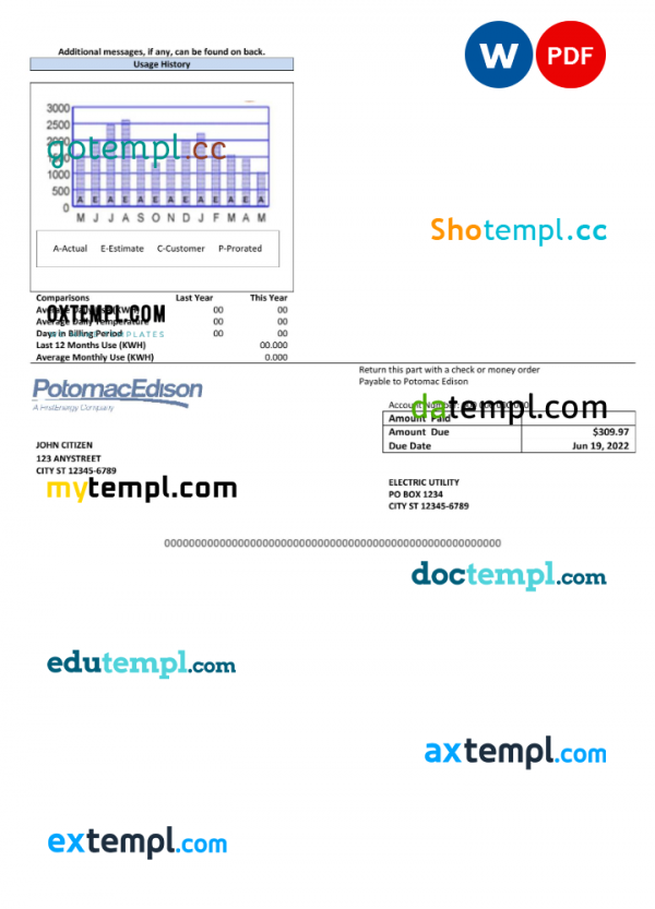 USA Maryland Potomac Edison utility bill, Word and PDF template, 2 pages