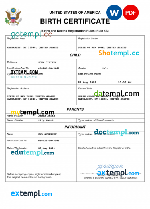 USA birth certificate Word and PDF template, completely editable