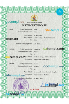 United Kingdom birth certificate PSD template, completely editable