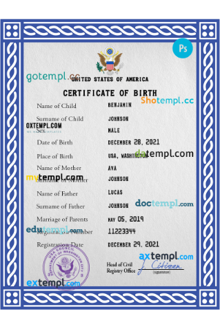 USA vital record birth certificate PSD template, fully editable