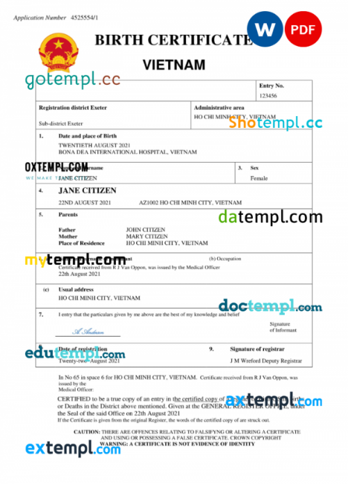 Vietnam birth certificate Word and PDF template, completely editable