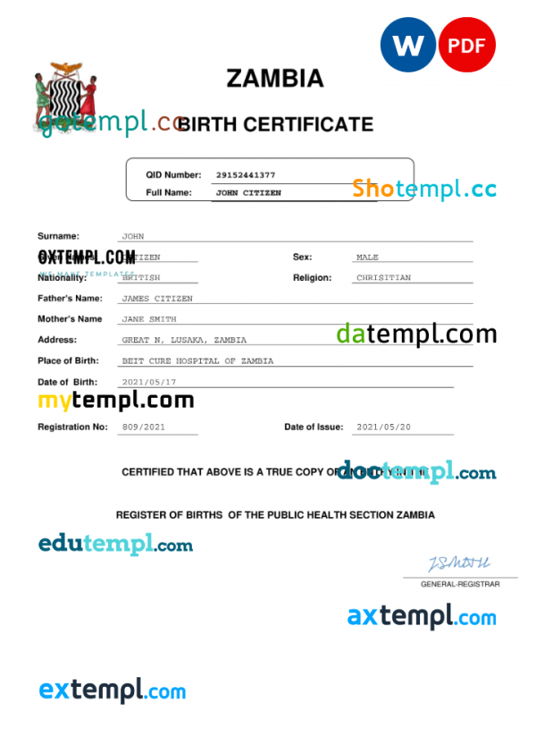 Zambia birth certificate Word and PDF template, completely editable