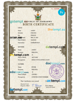 Zimbabwe vital record birth certificate PSD template