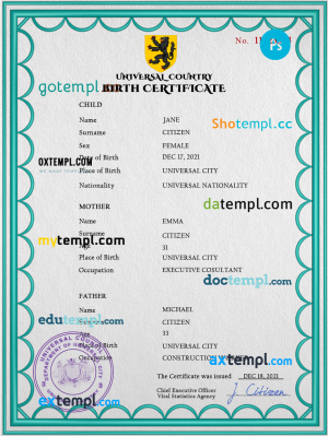 action universal birth certificate PSD template, fully editable