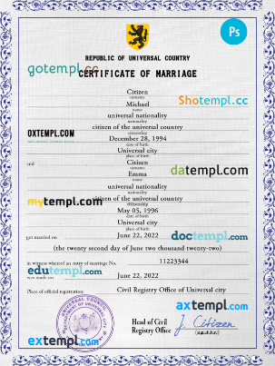 acute project universal marriage certificate PSD template, completely editable