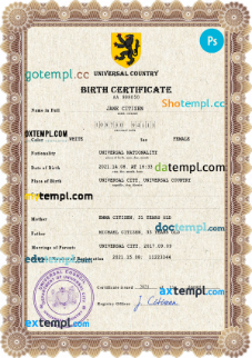 ammo universal birth certificate PSD template, completely editable