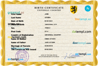 birthverse universal birth certificate PSD template, completely editable