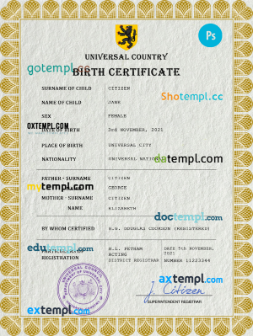 blackout universal birth certificate PSD template, completely editable