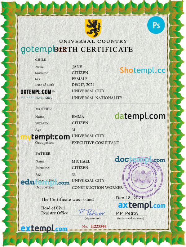 # bold universal birth certificate PSD template, fully editable