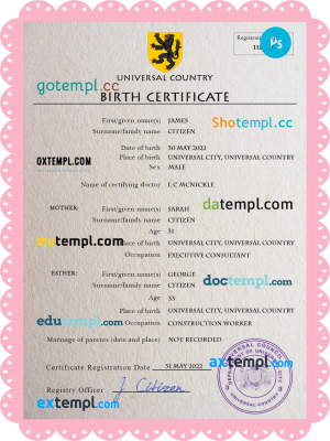 busk universal birth certificate PSD template, fully editable