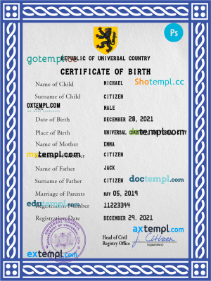 certificatetastic universal birth certificate PSD template, fully editable