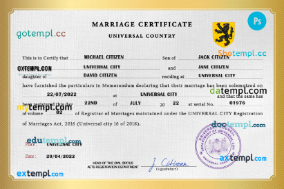 destiny universal marriage certificate PSD template, completely editable