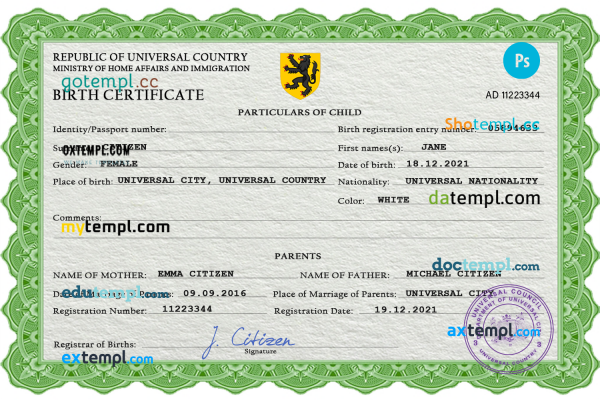 dime project universal birth certificate PSD template, completely editable