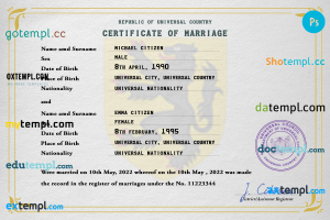 fine universal marriage certificate PSD template, fully editable