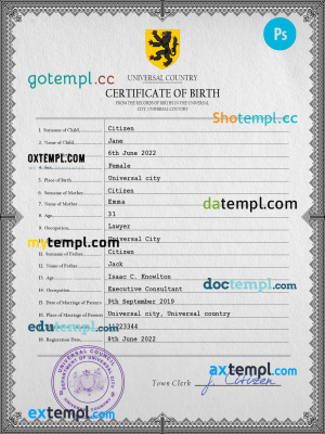 horizon universal birth certificate PSD template, fully editable