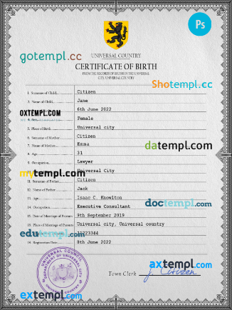 horizon universal birth certificate PSD template, fully editable