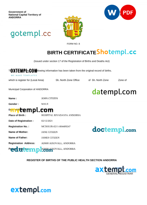 Andorra vital record birth certificate Word and PDF template