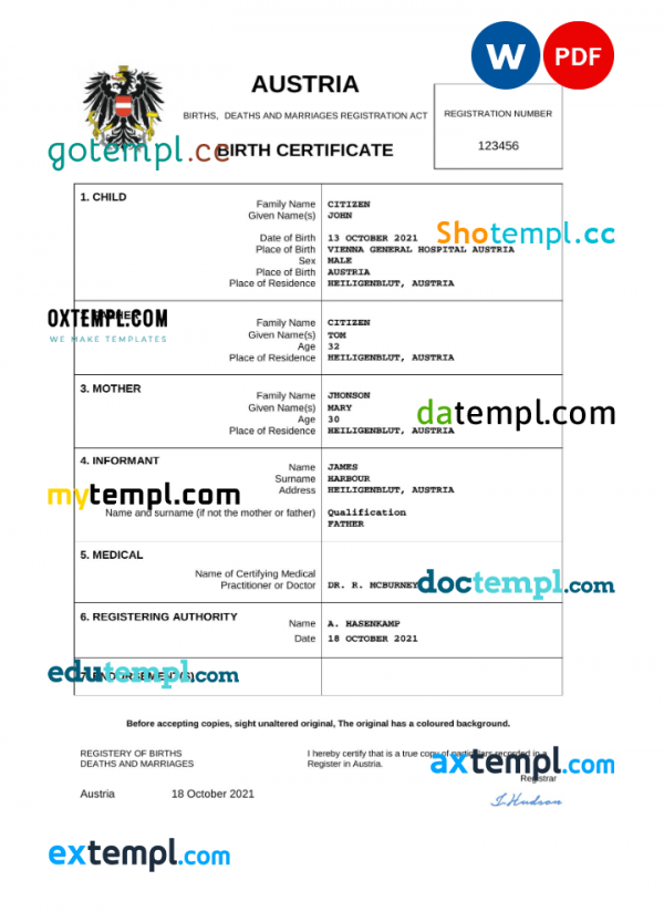 Austria vital record birth certificate Word and PDF template