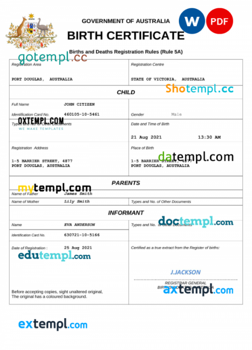 Australia vital record birth certificate Word and PDF template, completely editable